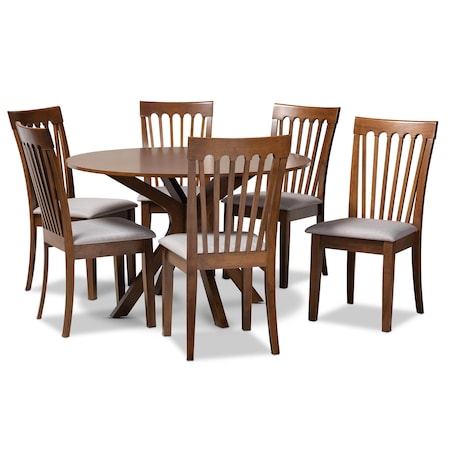 Baxton Studio Lore Grey Upholstered and Walnut Wood 7-Piece Dining Set 169-10546-10893